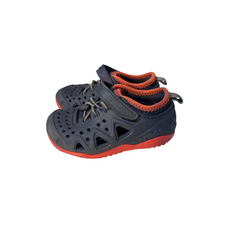 Kids Crocs Navy/Red Closed-Toe Water Shoes With Velcro Strap & Pull Tab - Size 7